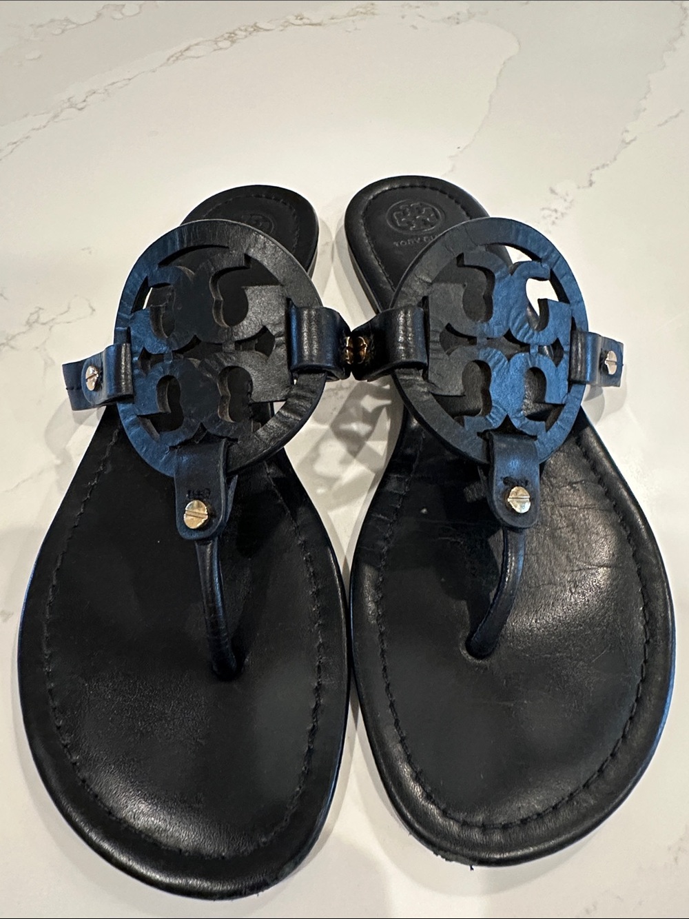 Tory Burch Black Miller Sandals Leather Size 10